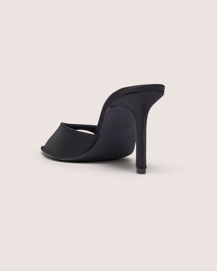 Black Satin Heeled Mule Sandal