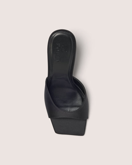 Black Satin Heeled Mule Sandal