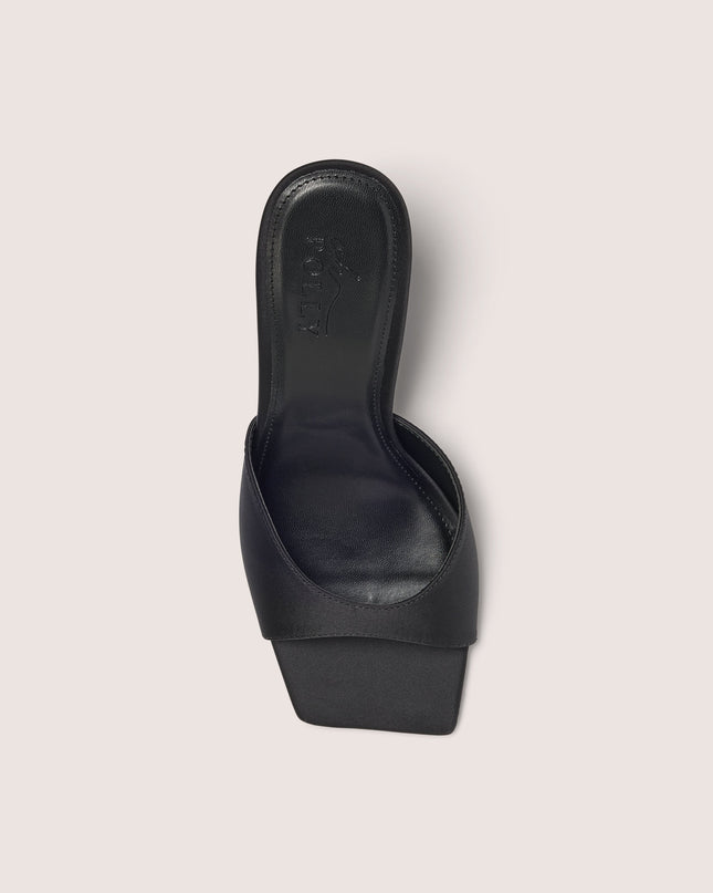 Black Satin Heeled Mule Sandal