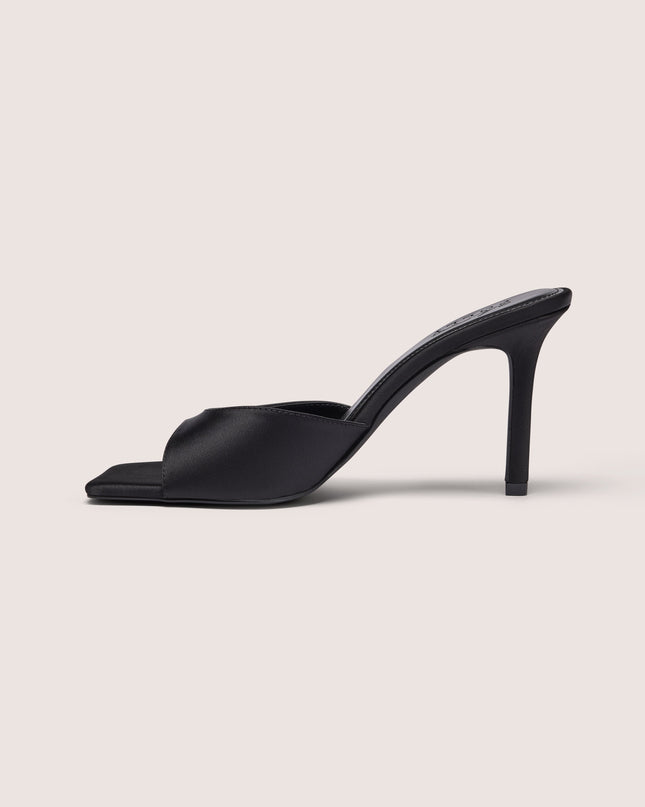 Black Satin Heeled Mule Sandal