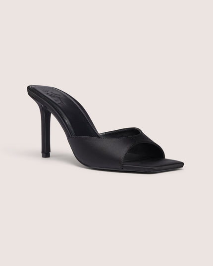 Black Satin Heeled Mule Sandal