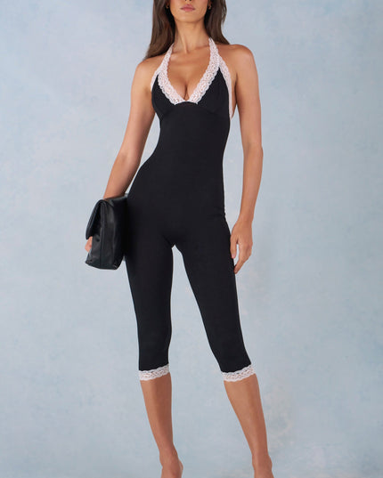 Black Modal Lace-Trim Capri Jumpsuit