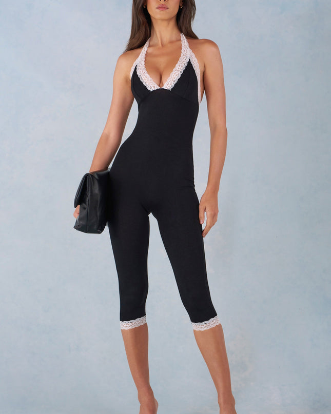 Black Modal Lace-Trim Capri Jumpsuit