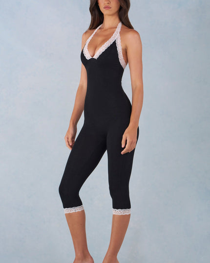 Black Modal Lace-Trim Capri Jumpsuit