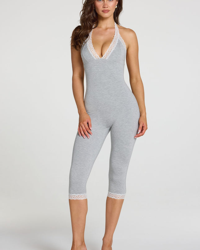 Grey Marl Modal Lace-Trim Capri Jumpsuit