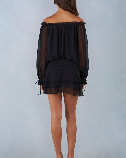 Black Off-Shoulder Balloon-Sleeve Mini Dress