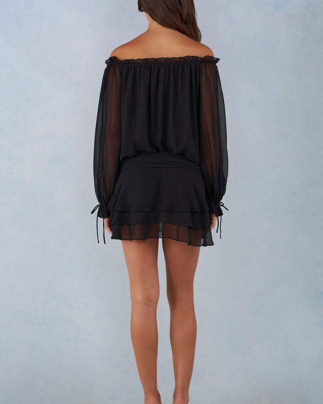 Black Off-Shoulder Balloon-Sleeve Mini Dress