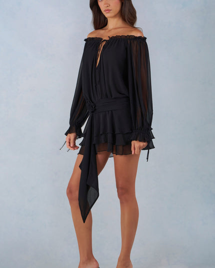 Black Off-Shoulder Balloon-Sleeve Mini Dress