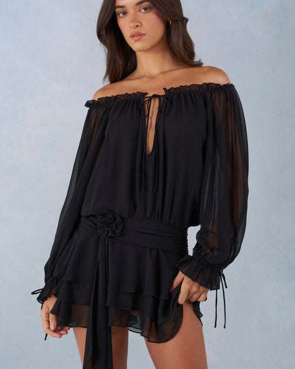 Black Off-Shoulder Balloon-Sleeve Mini Dress