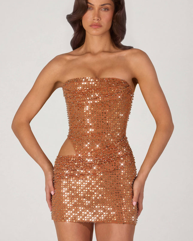 Bronze Embellished Cut-Out Mini Dress