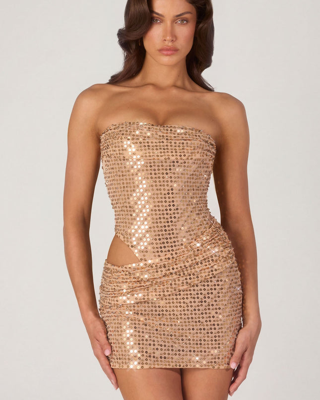 Gold Embellished Cut-Out Mini Dress