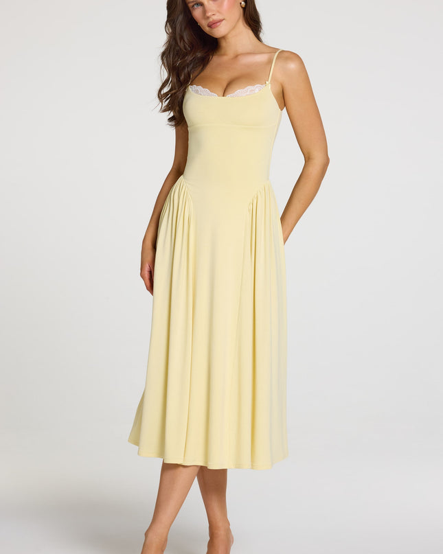 Pastel Yellow Modal Lace-Trim Midaxi Dress