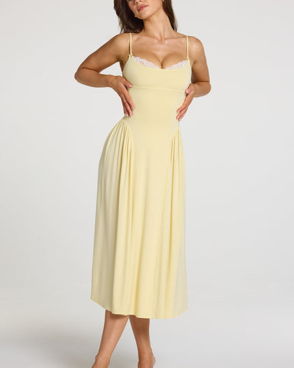 Pastel Yellow Modal Lace-Trim Midaxi Dress