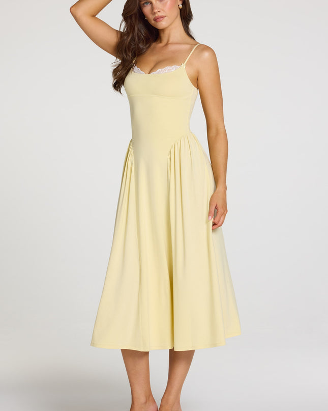 Pastel Yellow Modal Lace-Trim Midaxi Dress