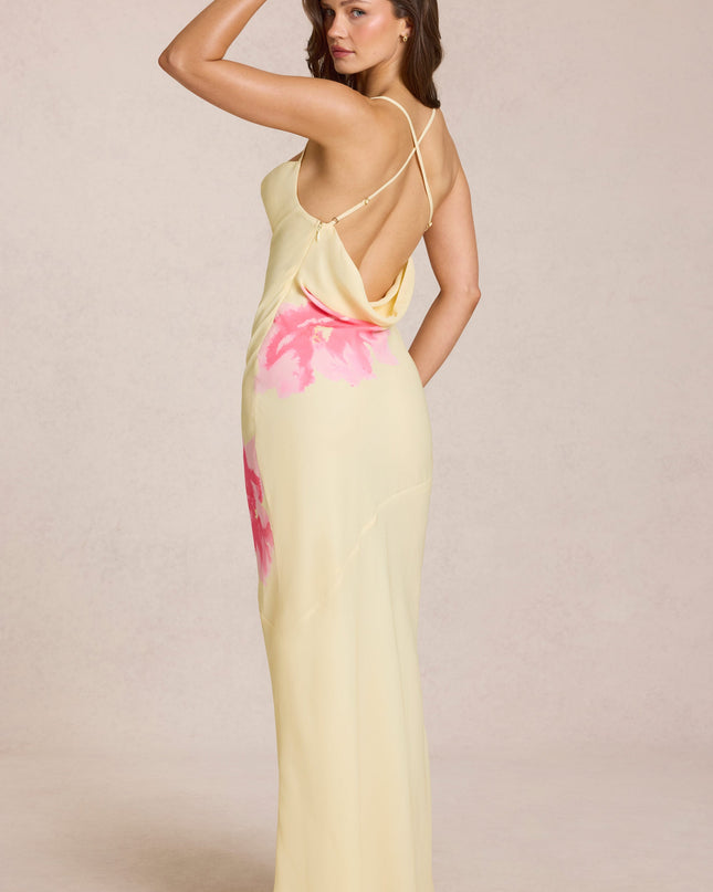 Yellow Floral Print Chiffon Maxi Dress
