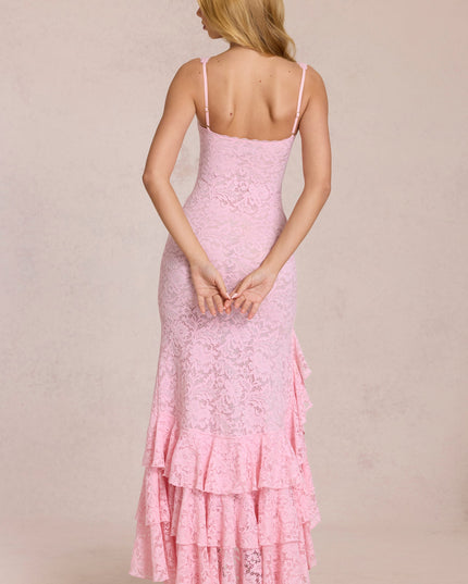 Blossom Pink Lace Ruffle Maxi Dress
