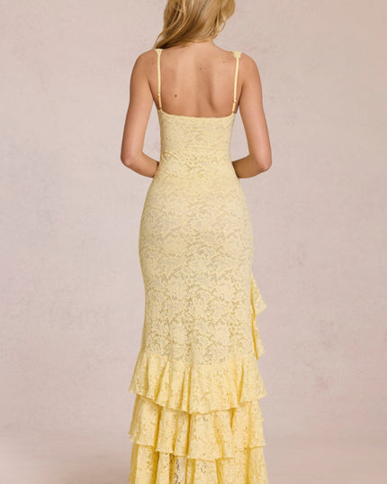 Lemon Yellow Lace Ruffle Maxi Dress
