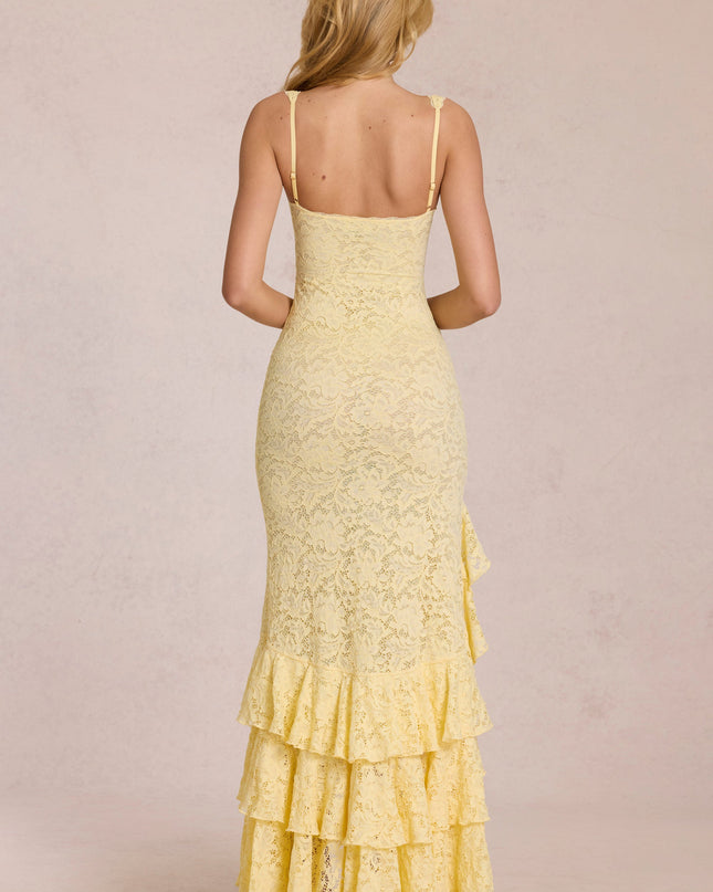 Lemon Yellow Lace Ruffle Maxi Dress