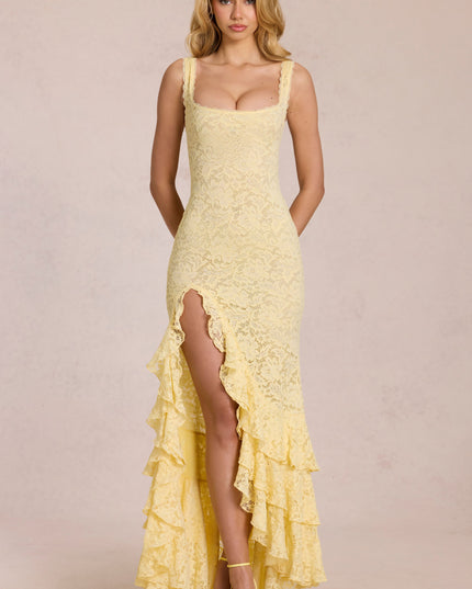 Lemon Yellow Lace Ruffle Maxi Dress