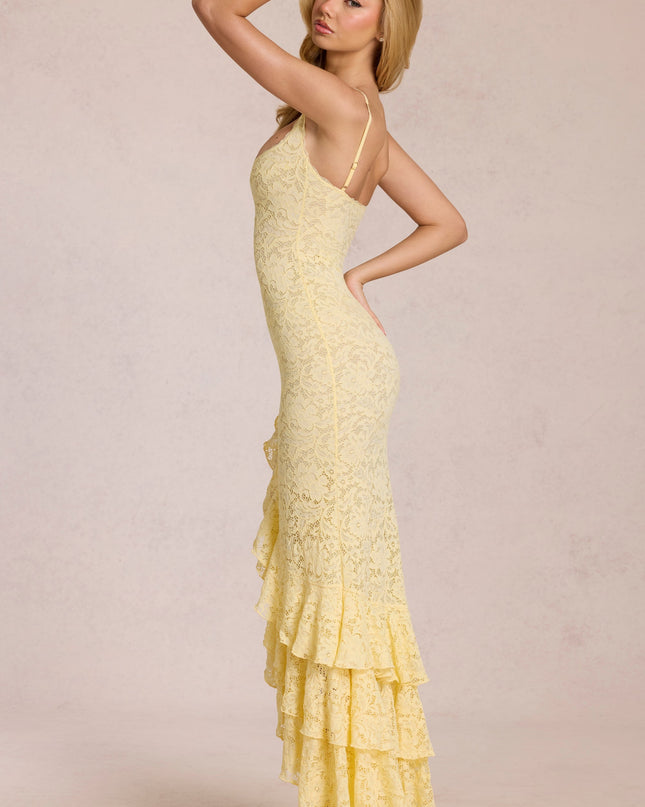 Lemon Yellow Lace Ruffle Maxi Dress