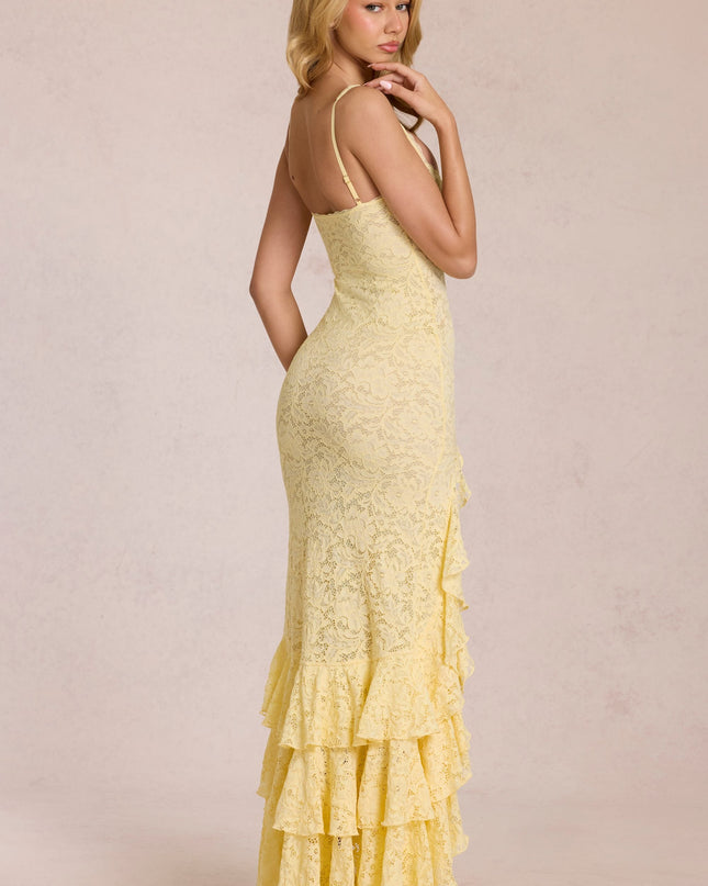 Lemon Yellow Lace Ruffle Maxi Dress