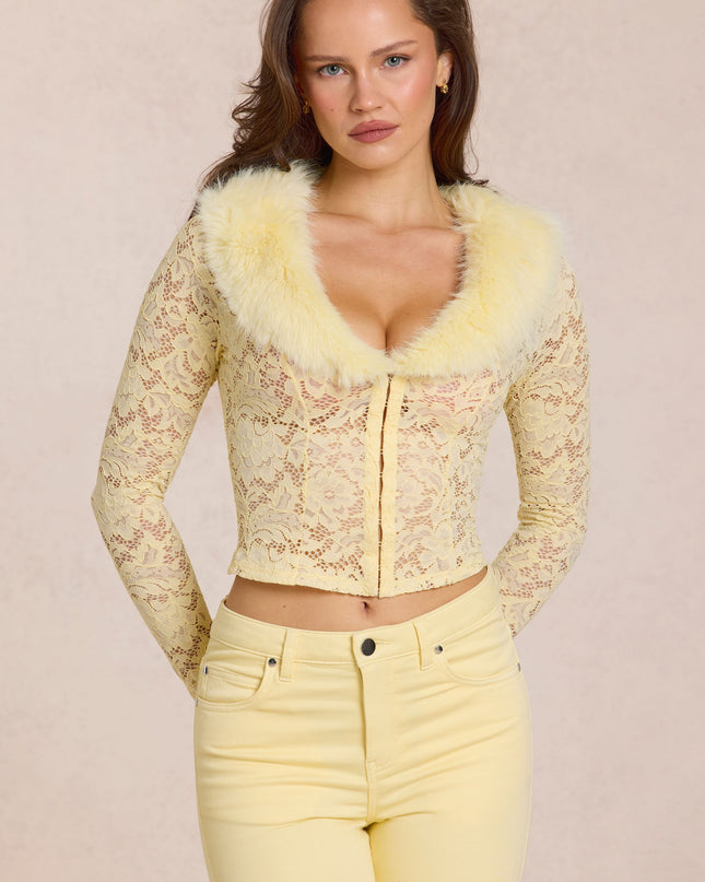 Lemon Yellow Lace Faux-Fur-Trim Cardigan