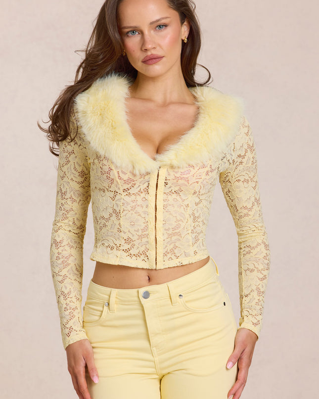 Lemon Yellow Lace Faux-Fur-Trim Cardigan
