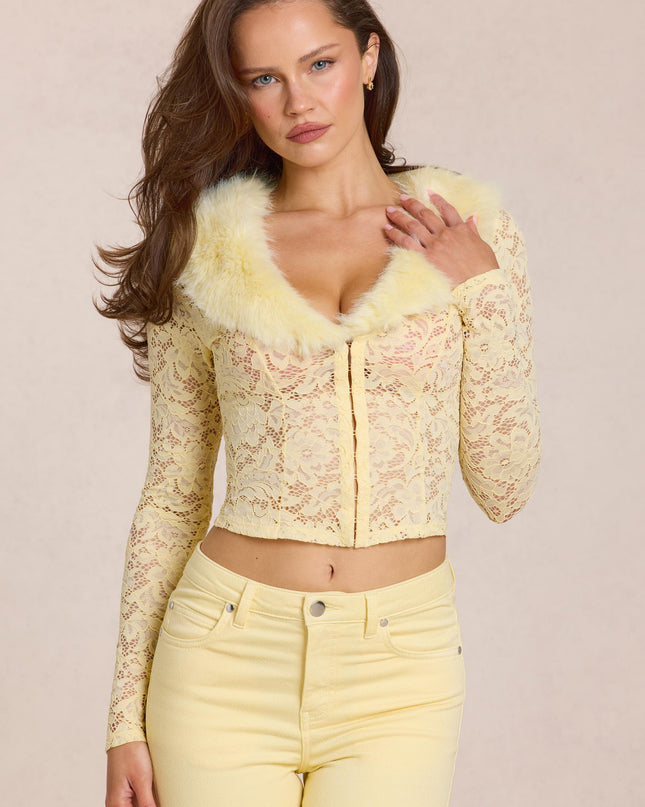 Lemon Yellow Lace Faux-Fur-Trim Cardigan
