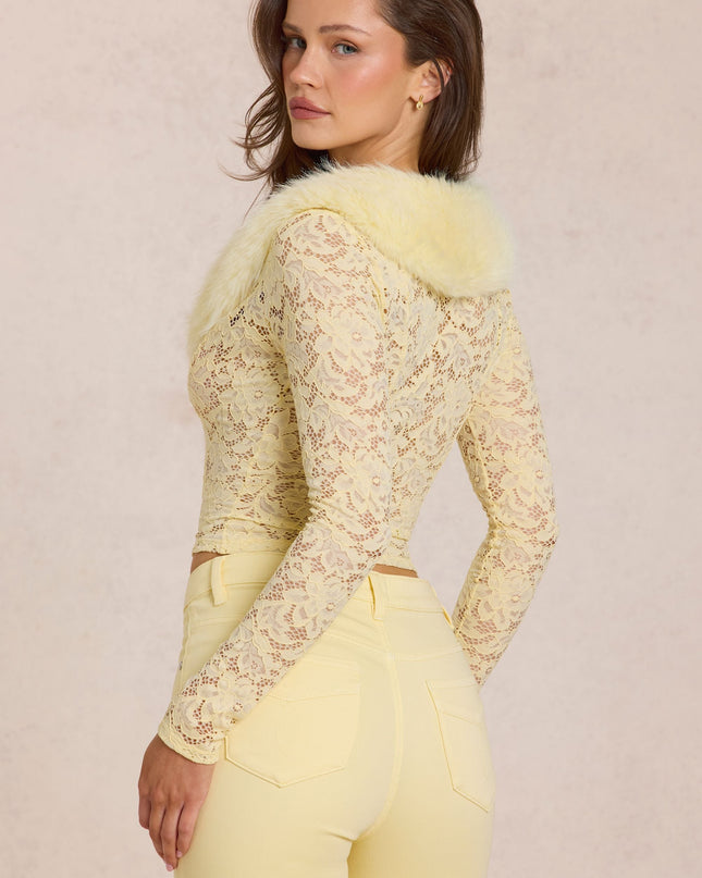 Lemon Yellow Lace Faux-Fur-Trim Cardigan