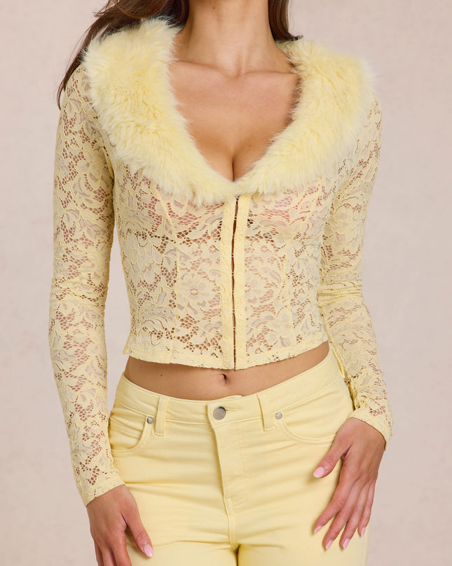 Lemon Yellow Lace Faux-Fur-Trim Cardigan