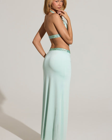 Aqua Blue Embellished Low-Rise Maxi Skirt