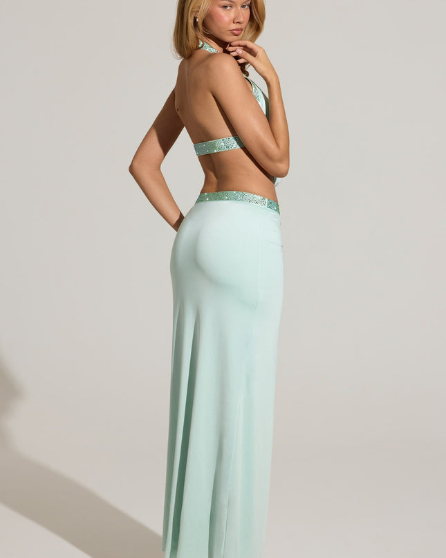 Aqua Blue Embellished Low-Rise Maxi Skirt