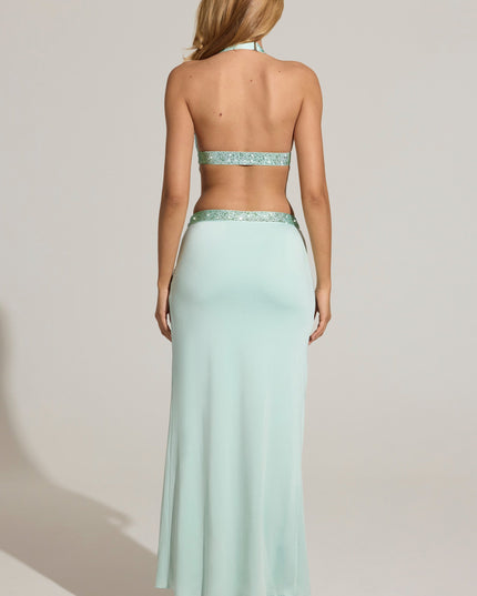 Aqua Blue Embellished Low-Rise Maxi Skirt