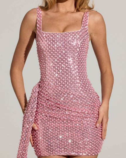 Blush Pink Embellished Draped Mini Dress