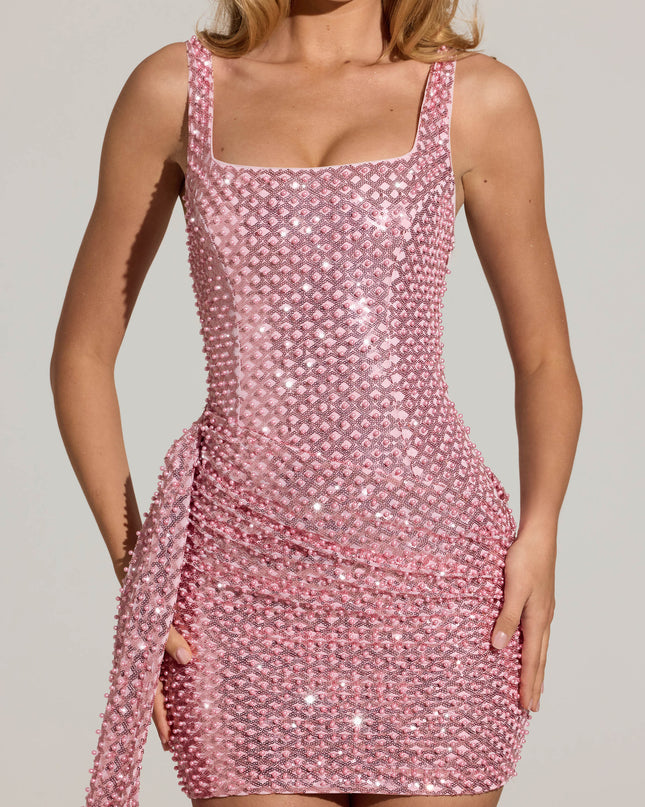 Blush Pink Embellished Draped Mini Dress