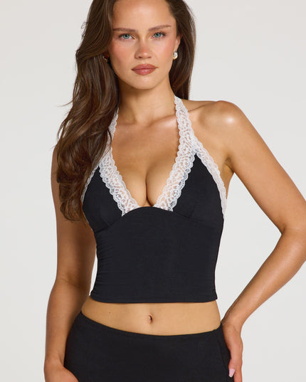 Black Modal Lace-Trim Halterneck Top