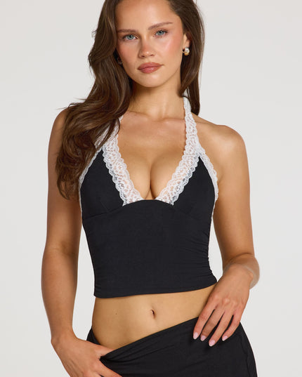 Black Modal Lace-Trim Halterneck Top