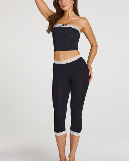 Black Modal Lace-Trim Mid-Rise Capri Leggings