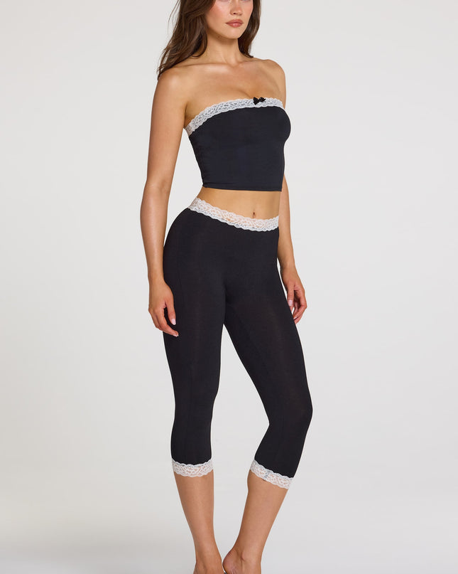 Black Modal Lace-Trim Mid-Rise Capri Leggings