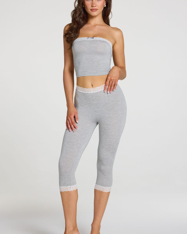 Grey Marl Modal Lace-Trim Mid-Rise Capri Leggings