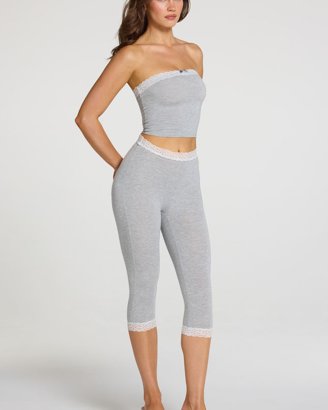 Grey Marl Modal Lace-Trim Mid-Rise Capri Leggings