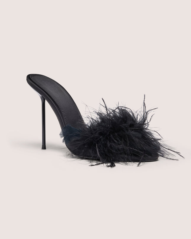 Black Feathered Satin Heeled Mule