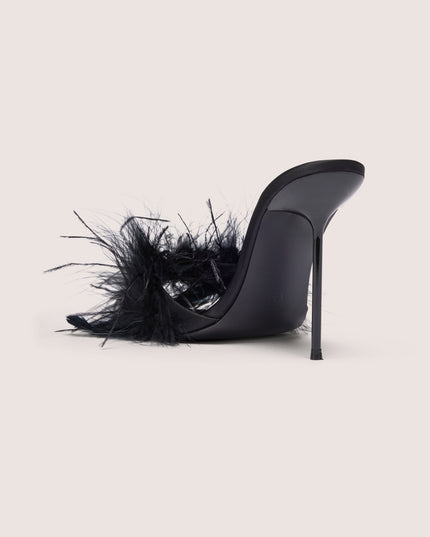 Black Feathered Satin Heeled Mule