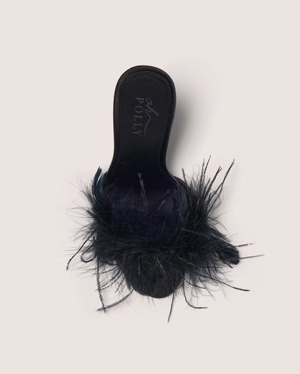 Black Feathered Satin Heeled Mule