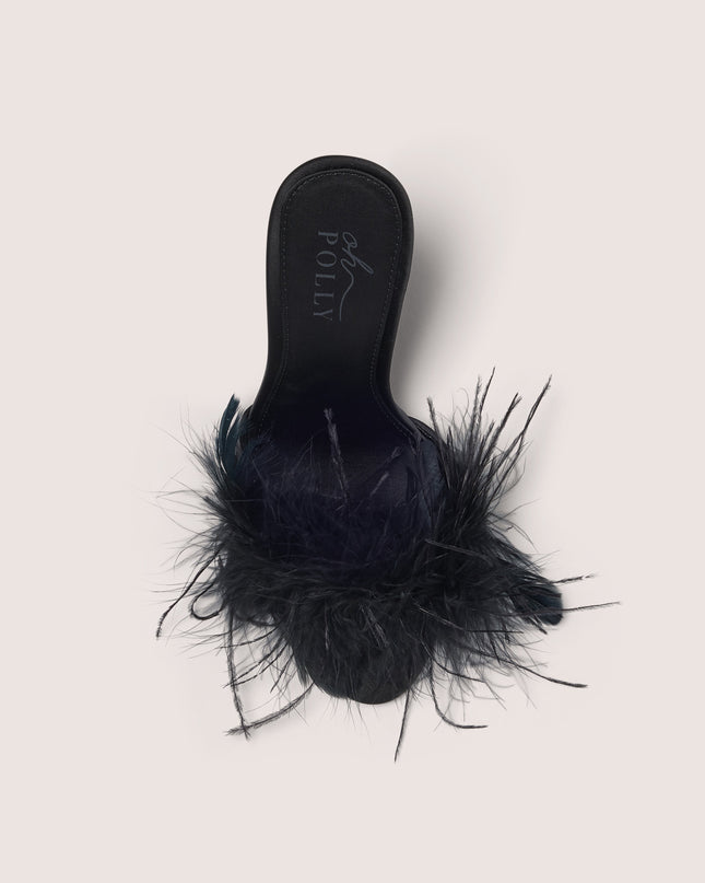 Black Feathered Satin Heeled Mule