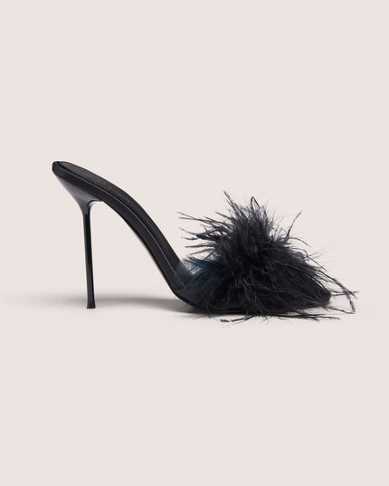Black Feathered Satin Heeled Mule