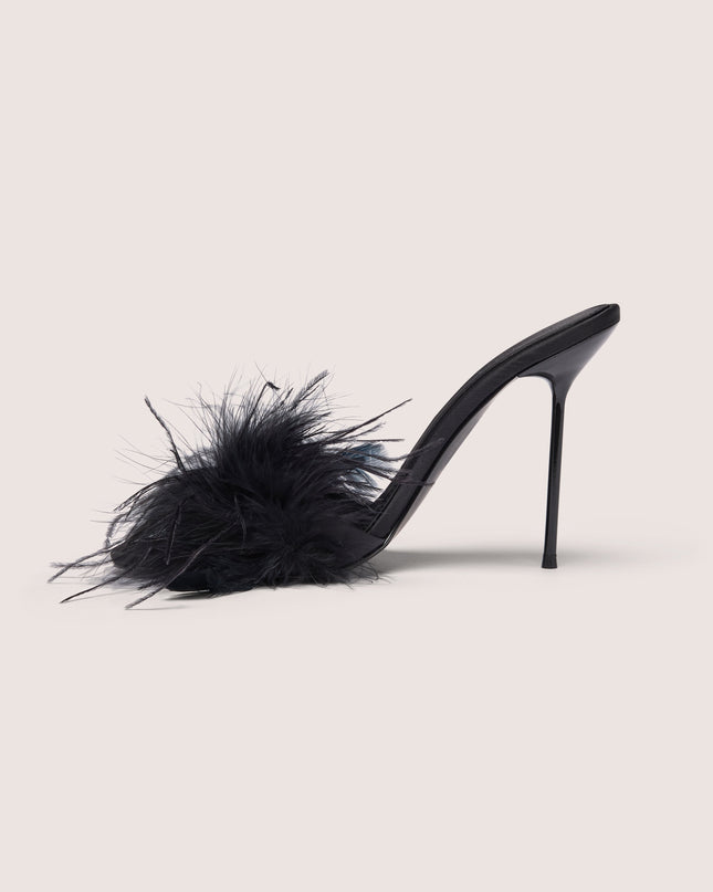 Black Feathered Satin Heeled Mule