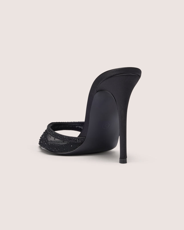 Black Embellished Satin Heeled Mule