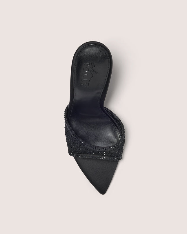Black Embellished Satin Heeled Mule