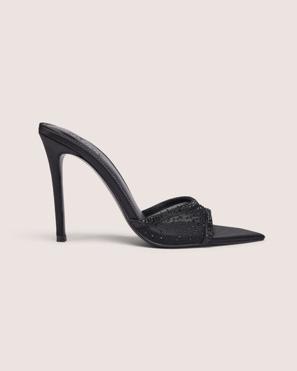 Black Embellished Satin Heeled Mule